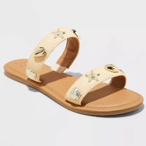 A New Day Women's Kiera Tan Sandals with Gold Seashell Accents